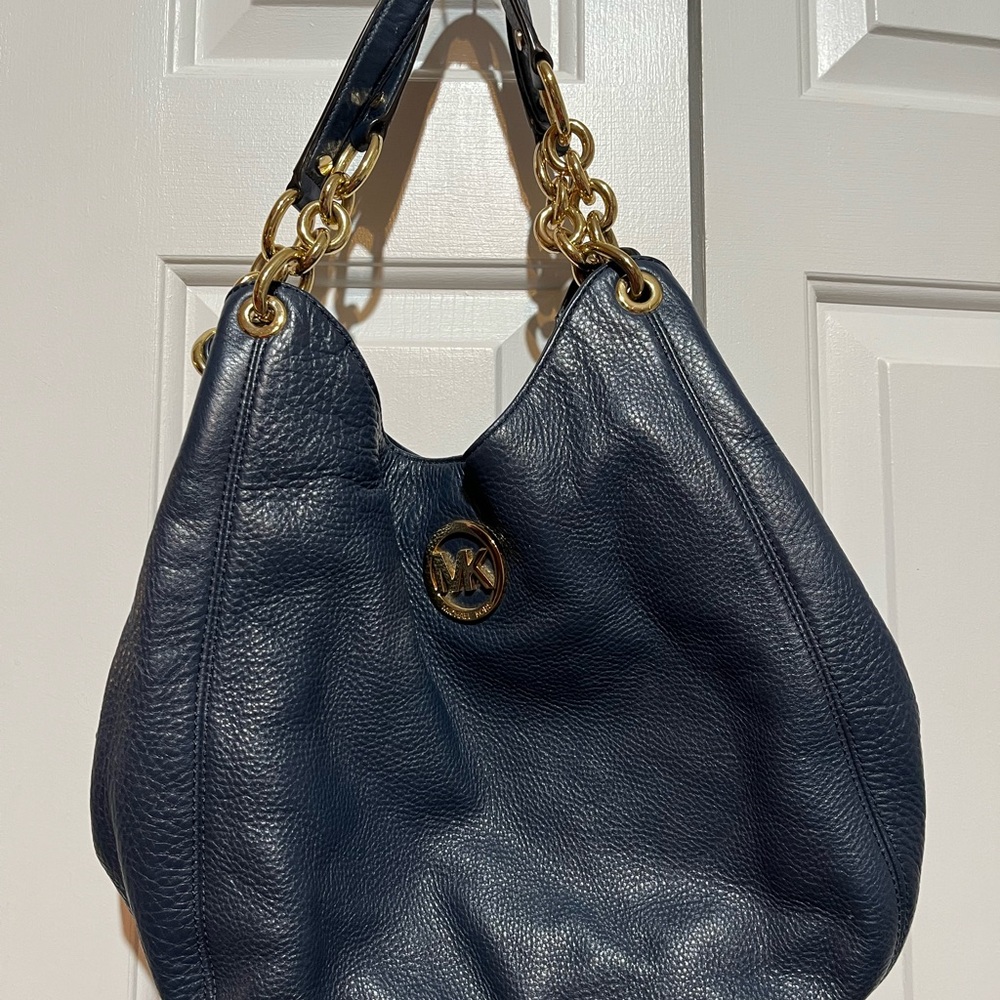 Michael KOR’s Handbag Leather Chain Strap Logo Gold Metal Navy - # AV - 1502